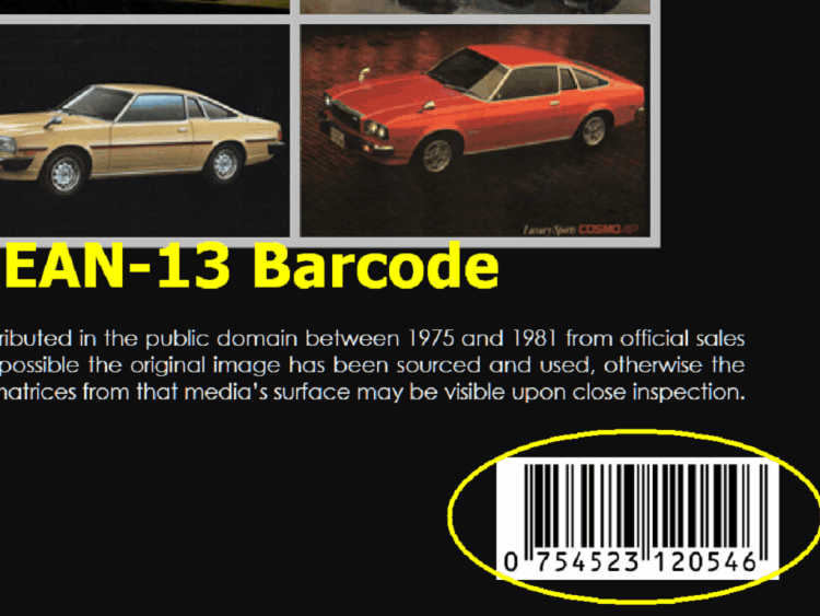 EAN-13 Barcode features on all Mazda Rx-5/Cosmo Wall Calendars for easy retail sale